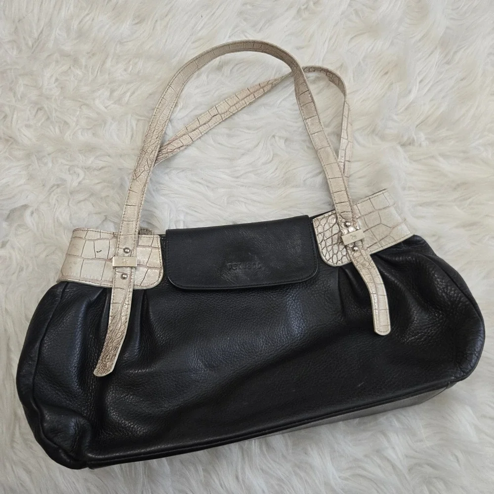 Petusco Spain Black Pebbled Leather Shoulder Bag Cream Croc Trim Made in Spain